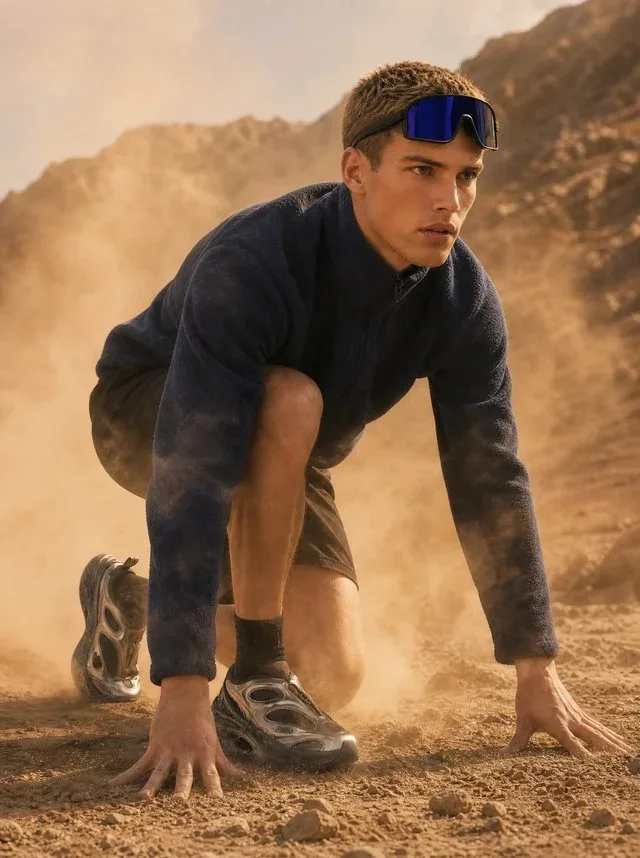 Fashion subject in an active outdoor pose