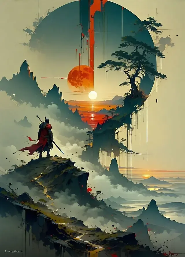 Illustrated mountain landscape with a glowing sun