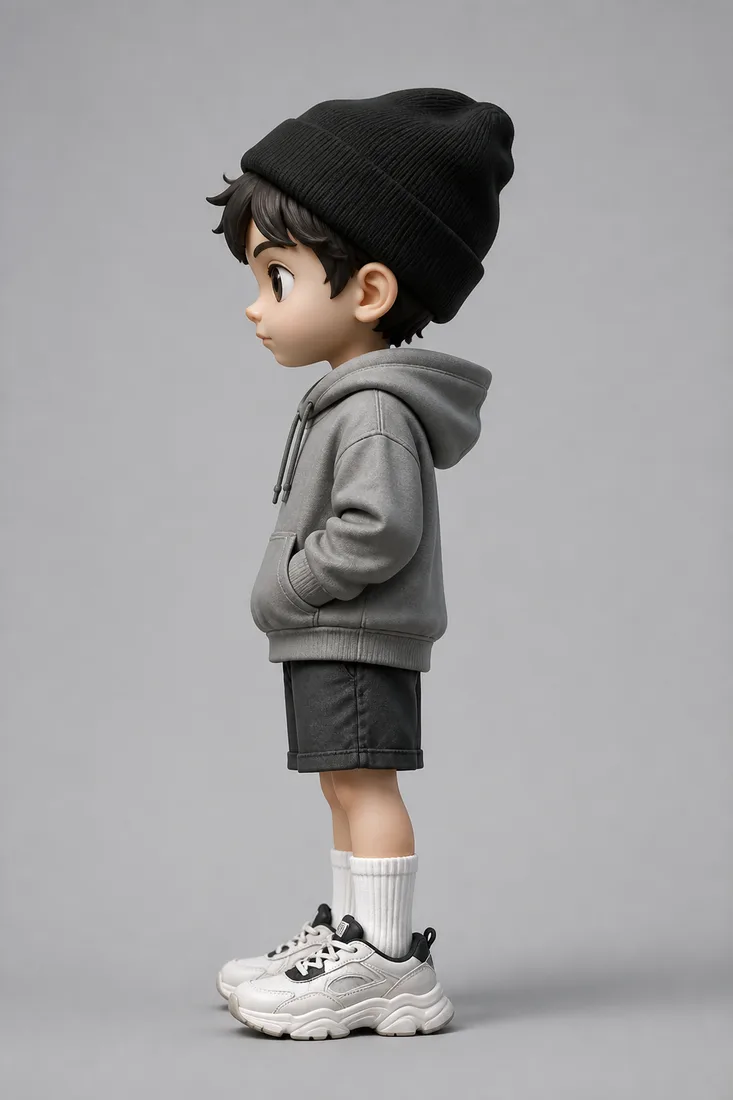Stylized character in a gray hoodie