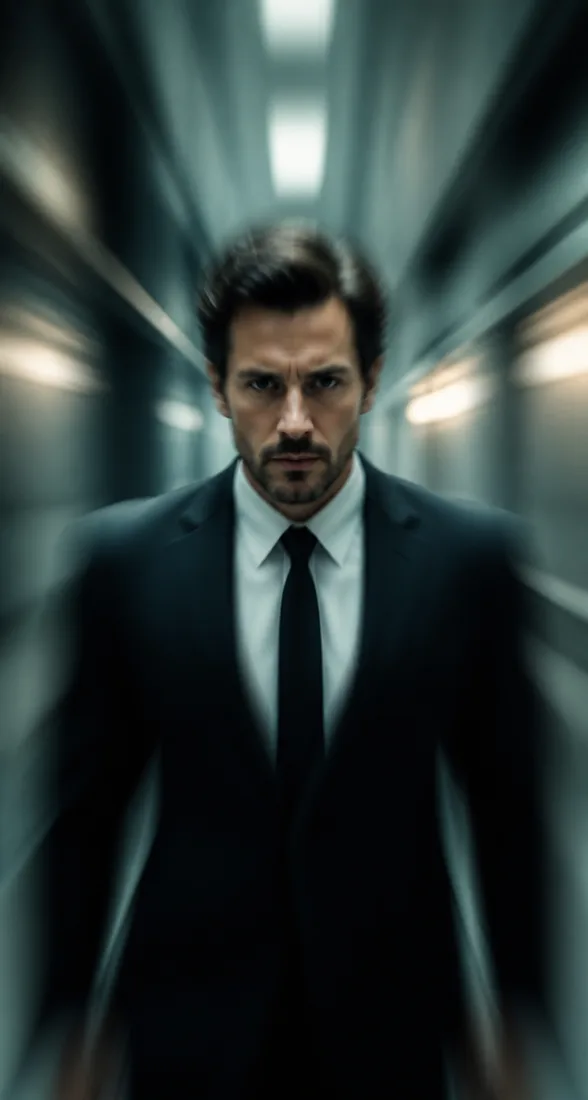Man in a dark cinematic corridor